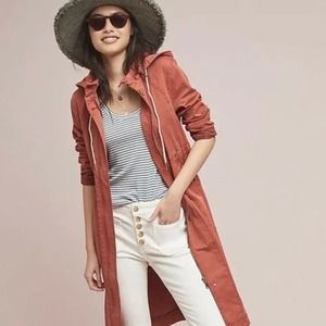 Anthropologie Orange Twill Longline Jacket Removable Hood Small